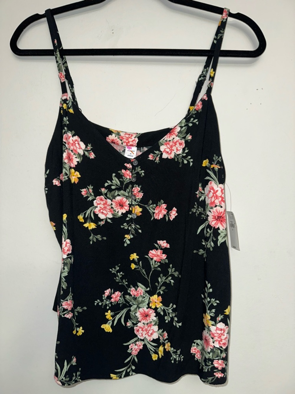 Floral V-Neck Spaghetti Strap Top - Black w/ Pink & Yellow Flowers, M - Picture 4 of 9